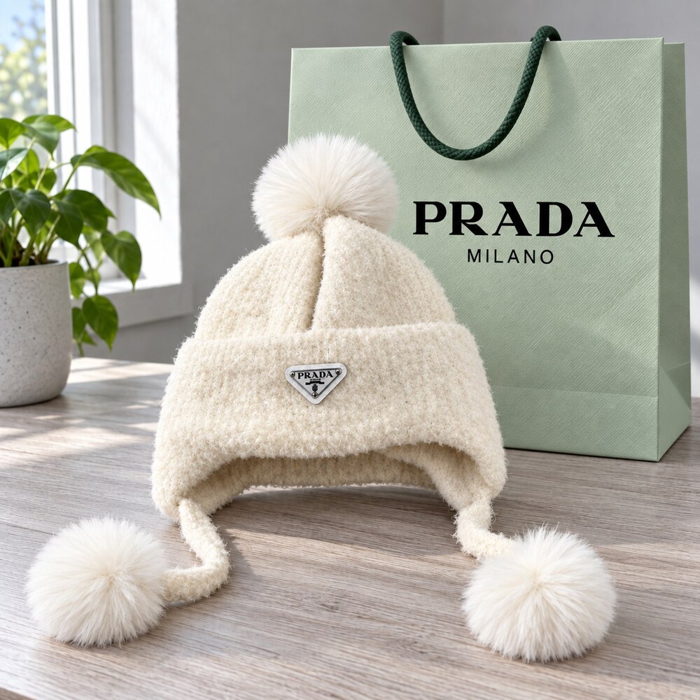 Prada Ivory Earflap Hat with Pom-Poms
